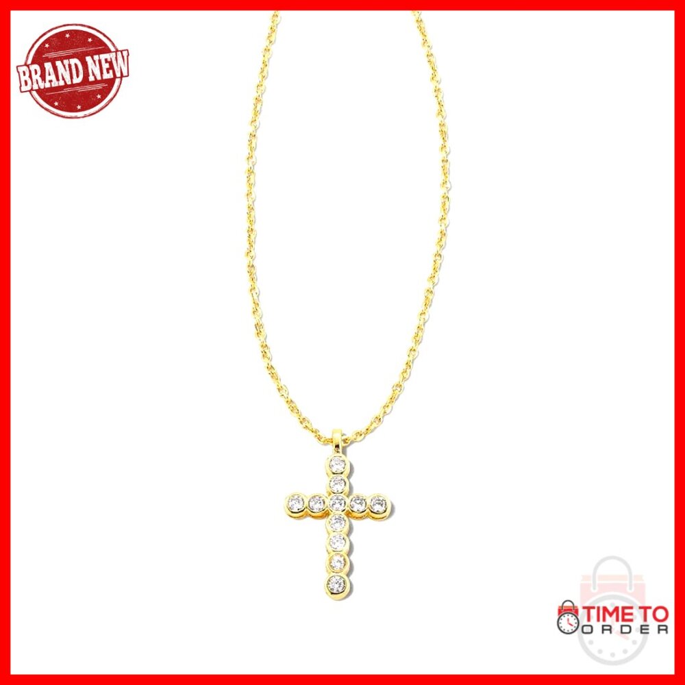 14k Gold Plated Cross Crystal Pendant Necklace, Adjustable Chain, Cubic Zirconia